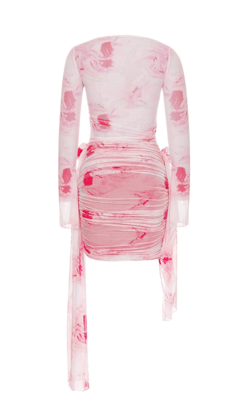 PINK FLARED LONG-SLEEVED PRINTED FLORAL MINI DRESS