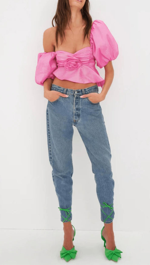 AIIZIE PINK FLORAL PUFF-SLEEVED WAISTLESS SHORT-SLEEVED TOP - product image