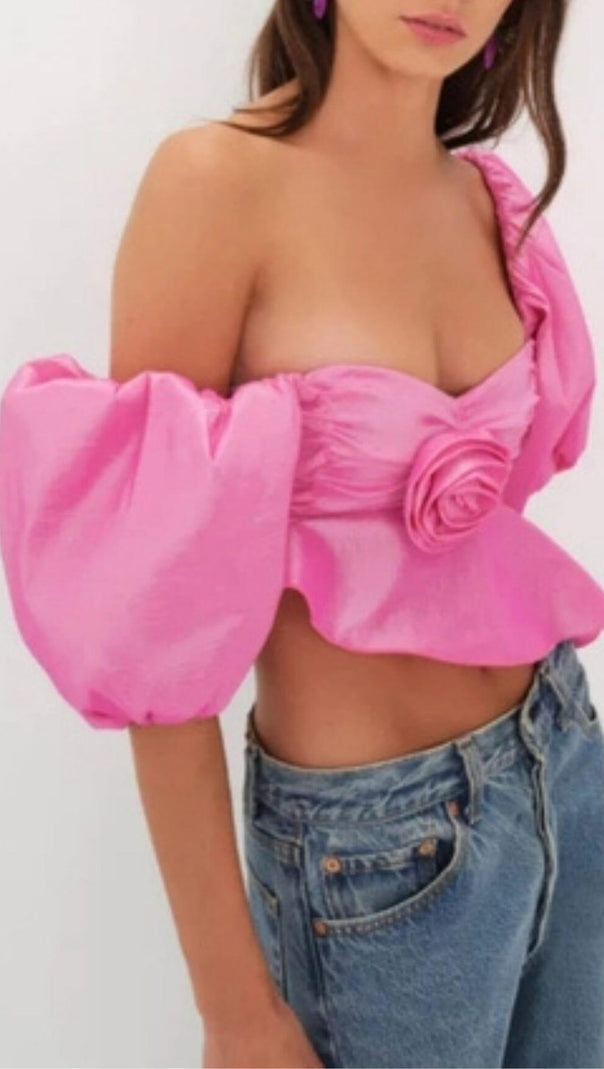 AIIZIE PINK FLORAL PUFF-SLEEVED WAISTLESS SHORT-SLEEVED TOP - product image