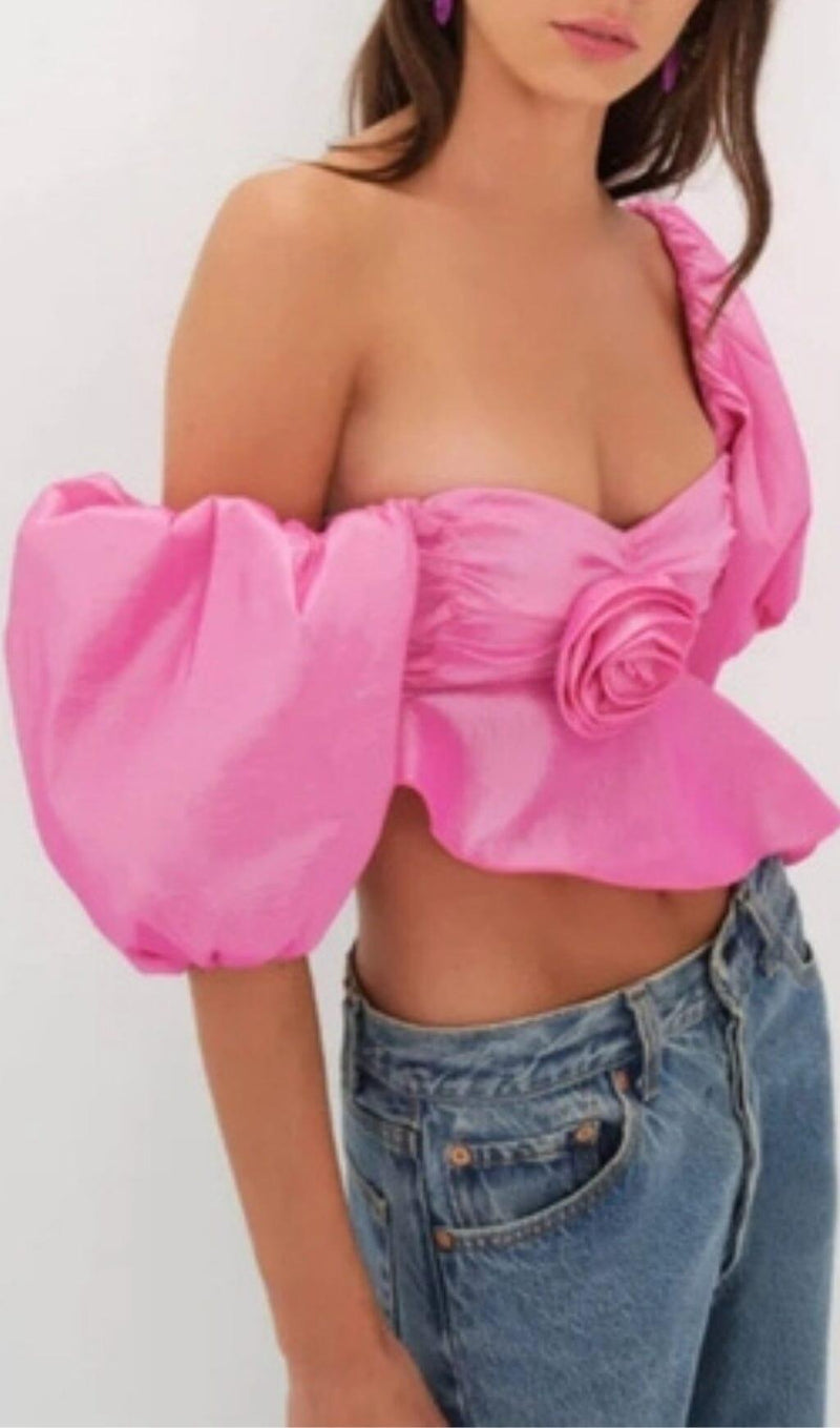 PINK FLORAL PUFF-SLEEVED WAISTLESS SHORT-SLEEVED TOP