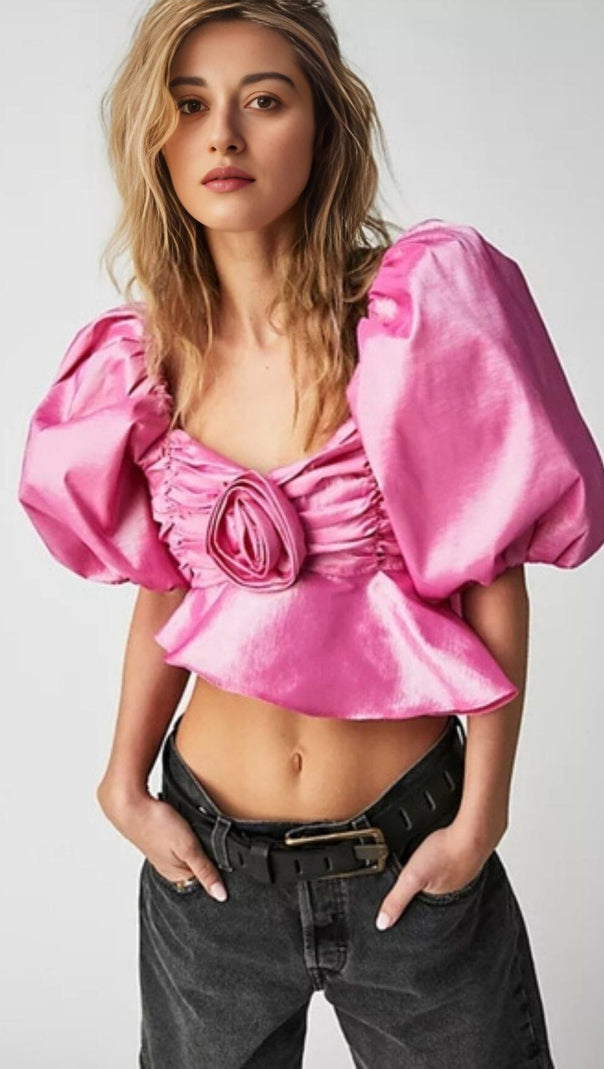 AIIZIE PINK FLORAL PUFF-SLEEVED WAISTLESS SHORT-SLEEVED TOP - product image
