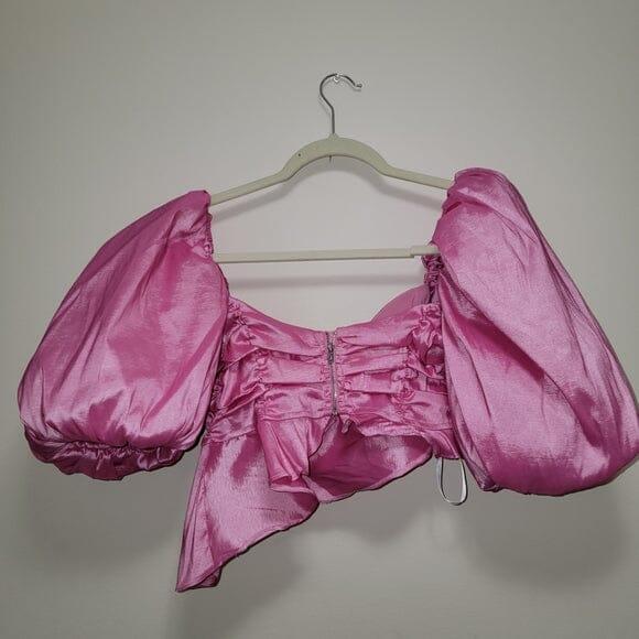 ROSA BLUMENMUSTER, TAILLELOSES KURZARM-TOP MIT PUFFÄRMELN