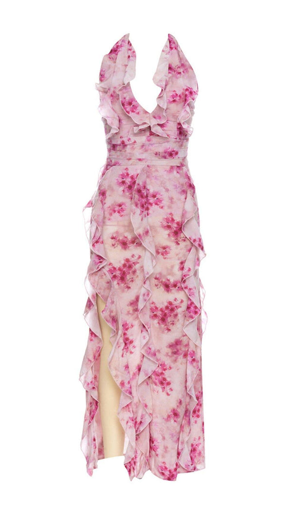 AIIZIE PINK HALTER NECK PRINTED PLEATED SLIT DRESS - product image