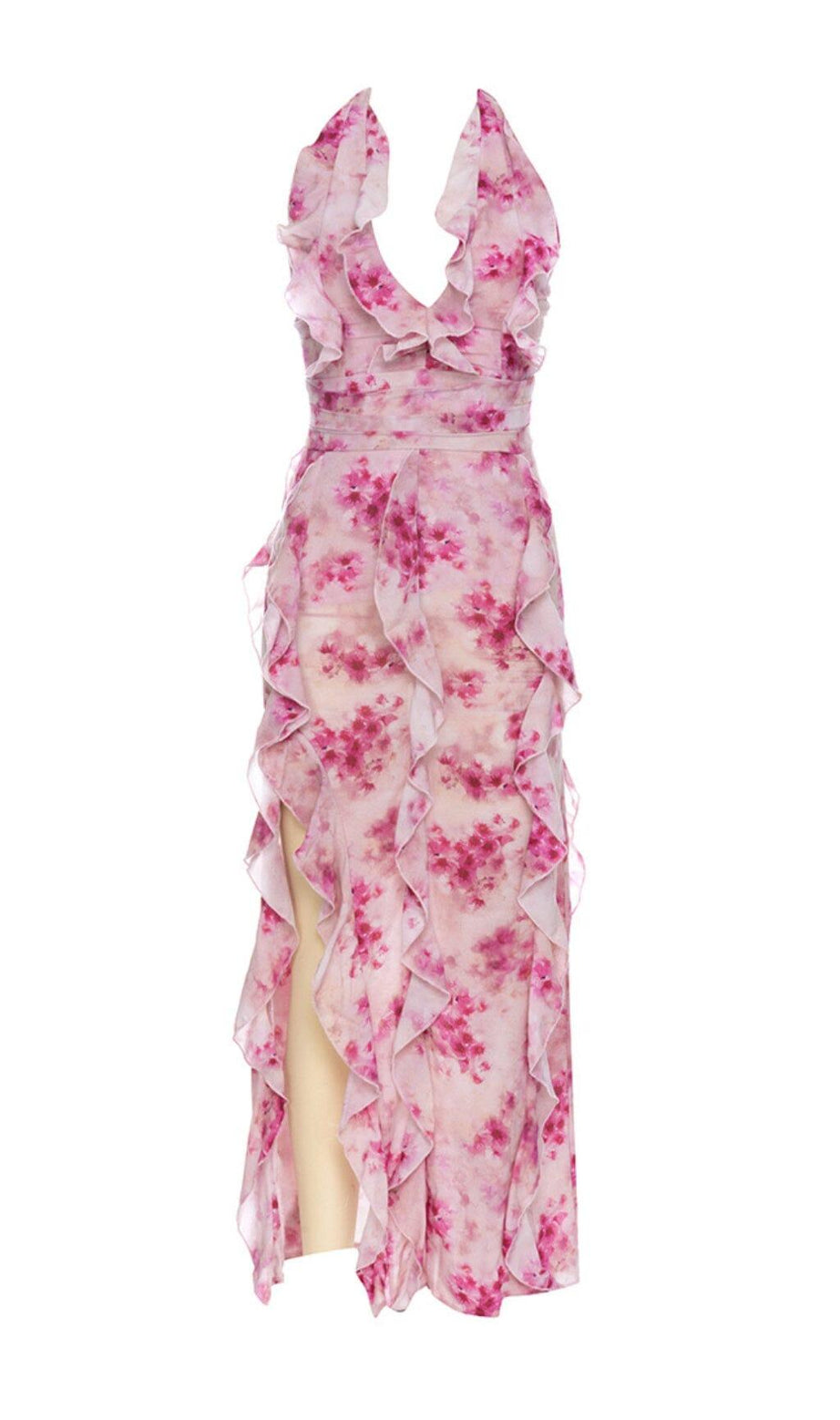 ROSA NECKHOLDER-KLEID MIT DRUCK UND PLISSEE-SCHLITZ