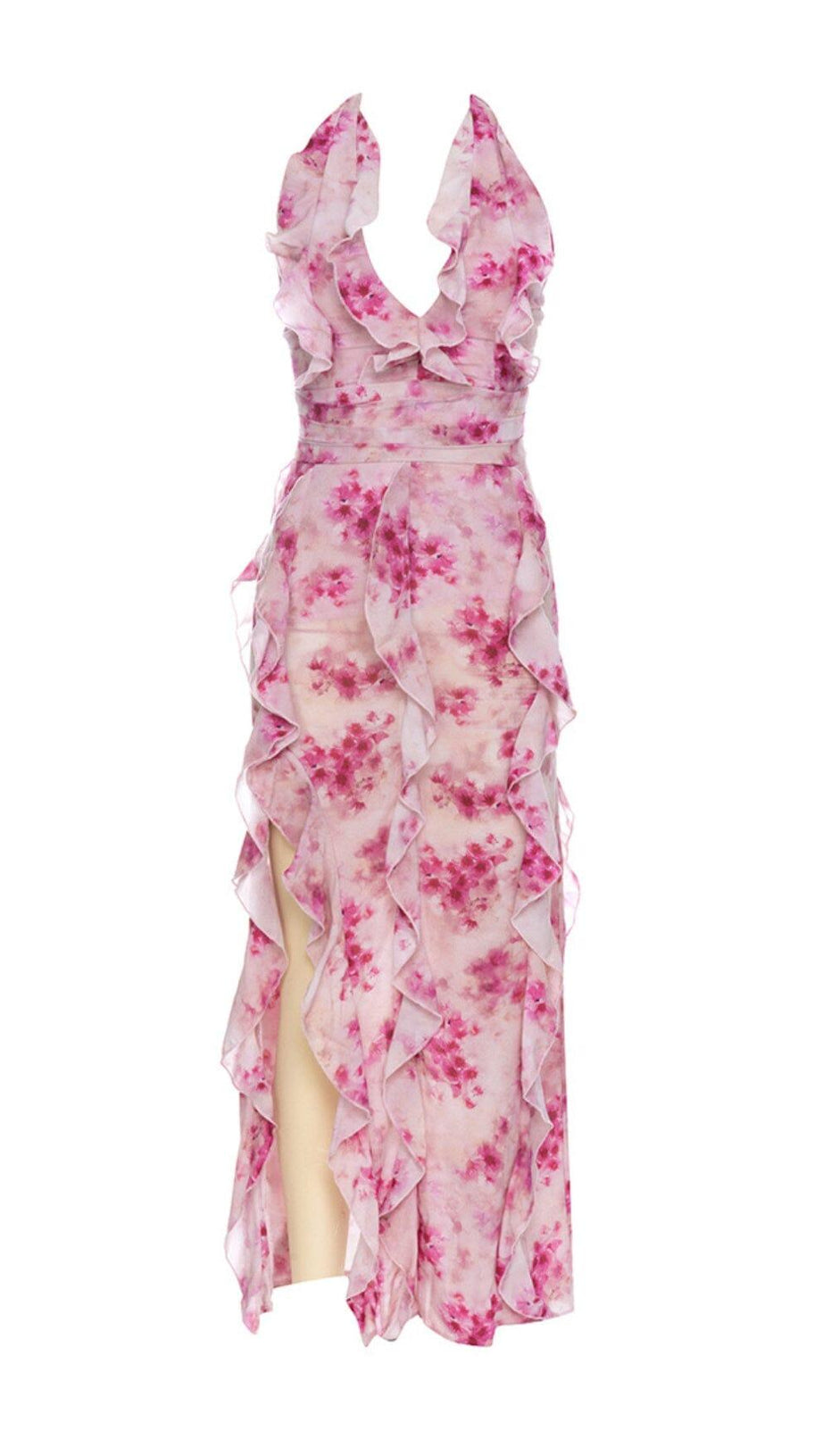 ABITO ROSA CON SCOLLO ALL'AMERICANO, STAMPATO, PLISSETTATO E SPACCO