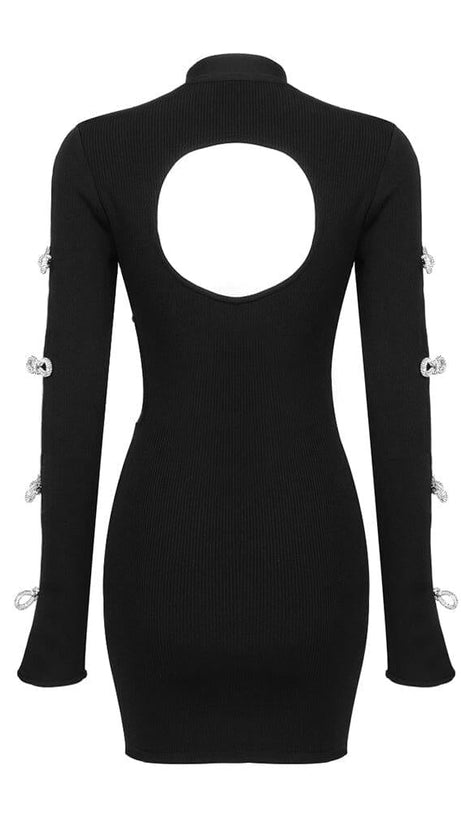 BACKLESS HIP WRAP MINI DRESS IN BLACK