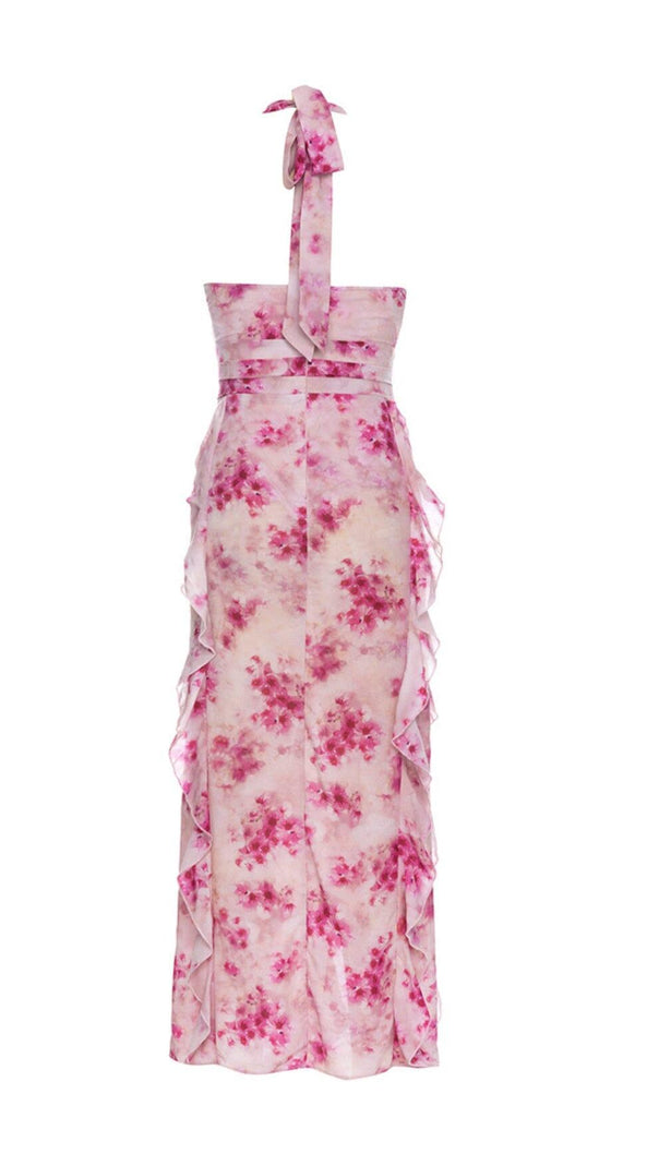 AIIZIE PINK HALTER NECK PRINTED PLEATED SLIT DRESS - product image