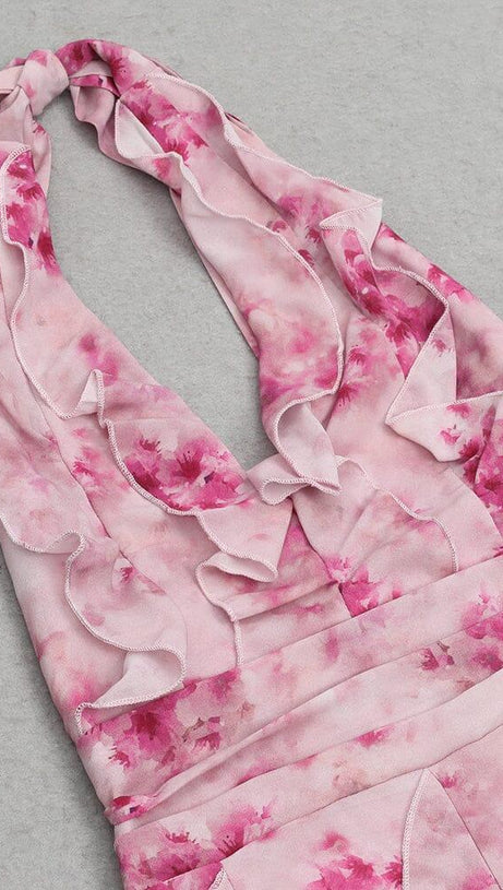 ROSA NECKHOLDER-KLEID MIT DRUCK UND PLISSEE-SCHLITZ