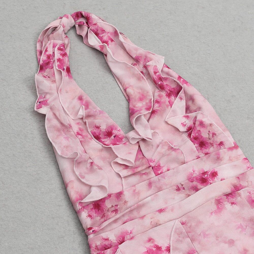AIIZIE PINK HALTER NECK PRINTED PLEATED SLIT DRESS - product image