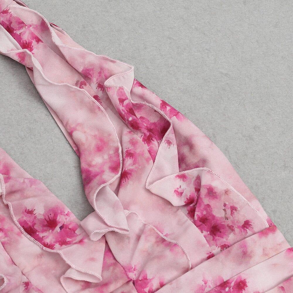 AIIZIE PINK HALTER NECK PRINTED PLEATED SLIT DRESS - product image