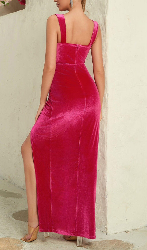 PINK HIGH SLIT VELVET MAXI DRESS