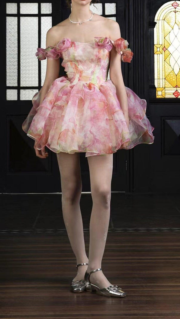 AIIZIE PINK PRINT FLORAL SILK MINI STRAPLESS MINI DRESS - product image