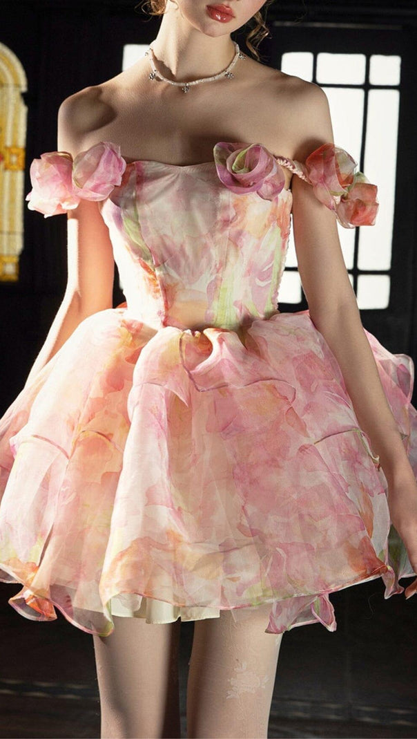 AIIZIE PINK PRINT FLORAL SILK MINI STRAPLESS MINI DRESS - product image
