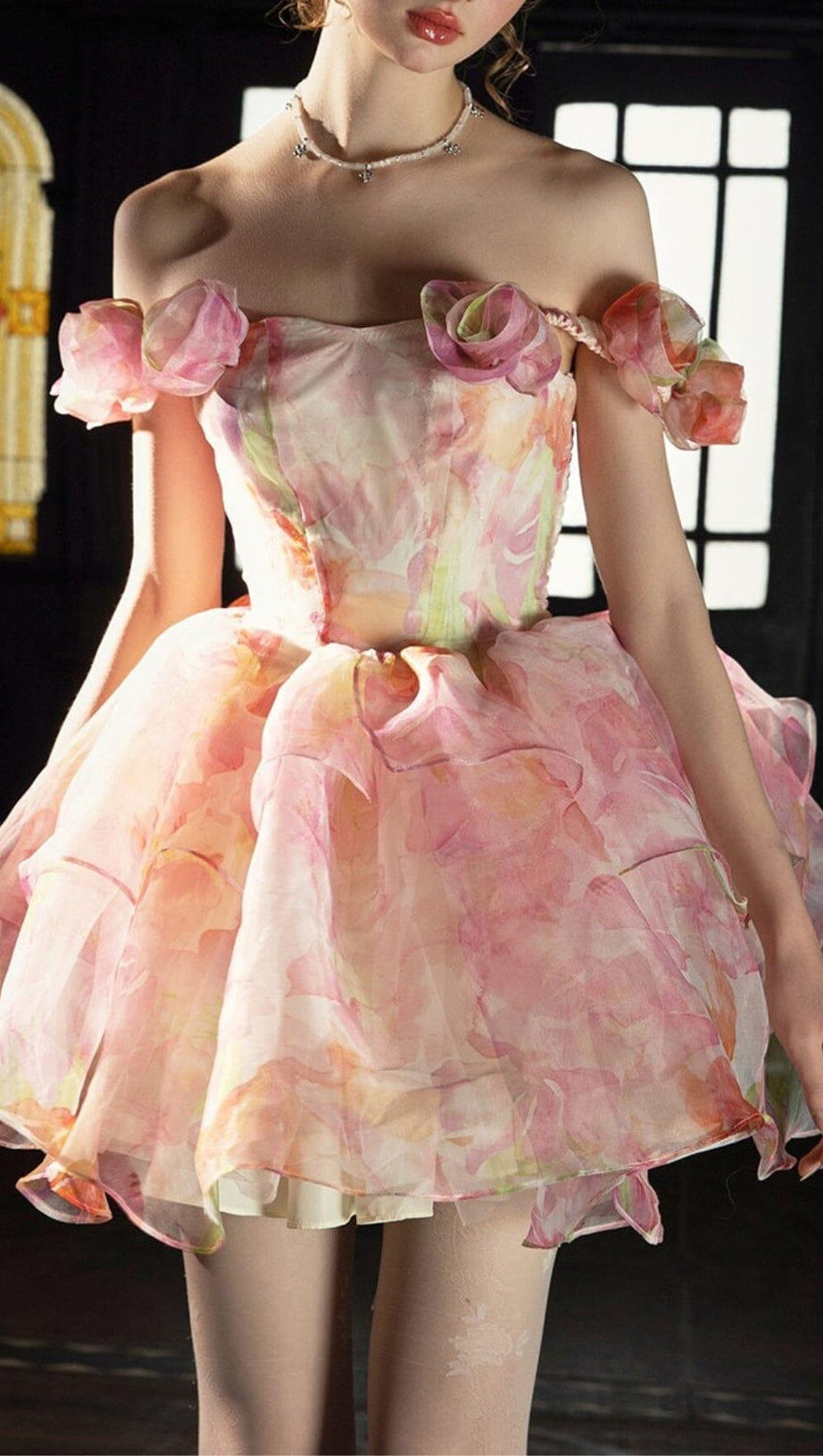 PINK PRINT FLORAL SILK MINI STRAPLESS MINI DRESS