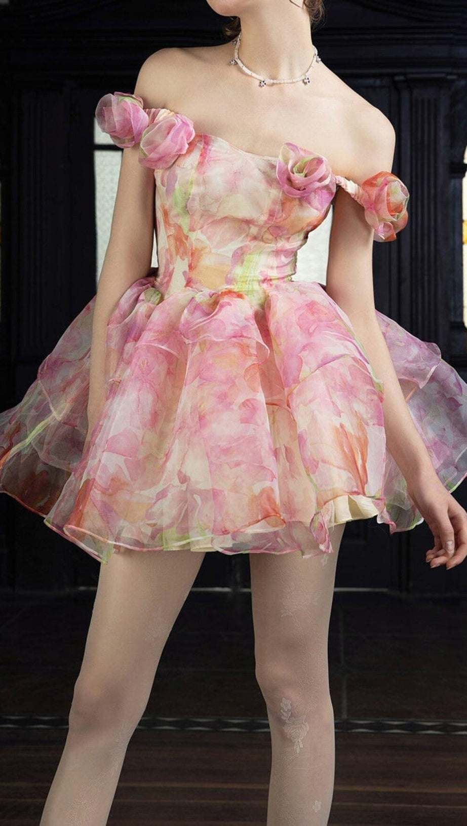 PINK PRINT FLORAL SILK MINI STRAPLESS MINI DRESS
