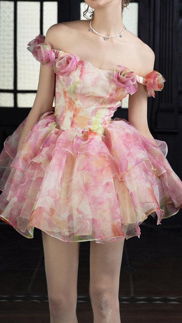 AIIZIE PINK PRINT FLORAL SILK MINI STRAPLESS MINI DRESS - product image