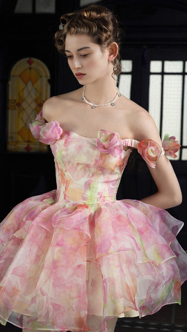 AIIZIE PINK PRINT FLORAL SILK MINI STRAPLESS MINI DRESS - product image