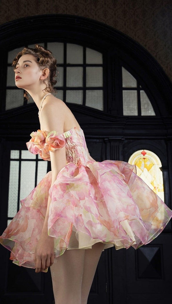 AIIZIE PINK PRINT FLORAL SILK MINI STRAPLESS MINI DRESS - product image