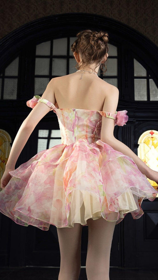 AIIZIE PINK PRINT FLORAL SILK MINI STRAPLESS MINI DRESS - product image