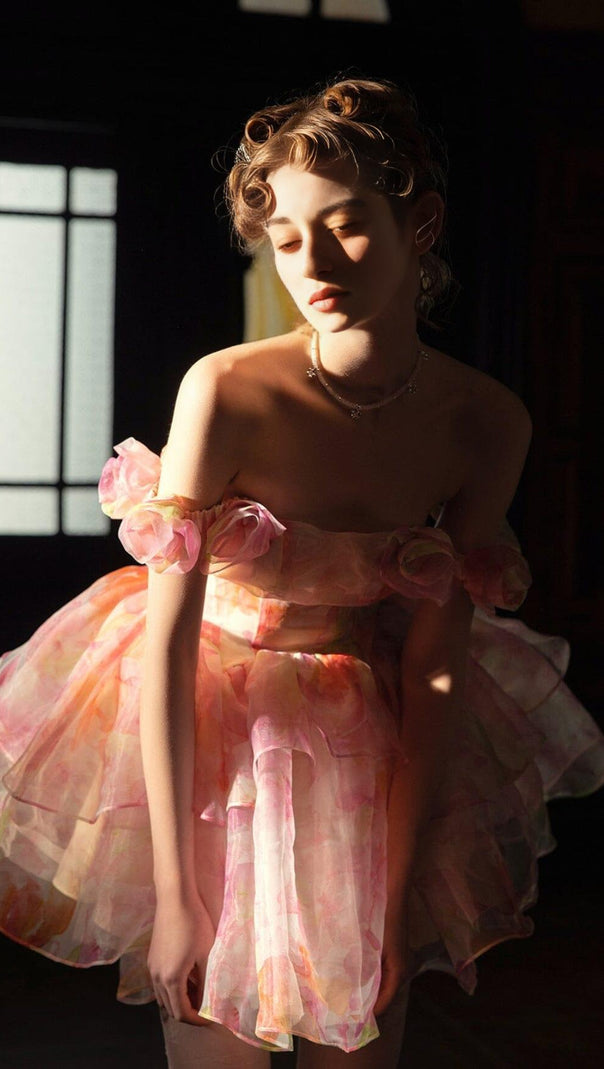 AIIZIE PINK PRINT FLORAL SILK MINI STRAPLESS MINI DRESS - product image