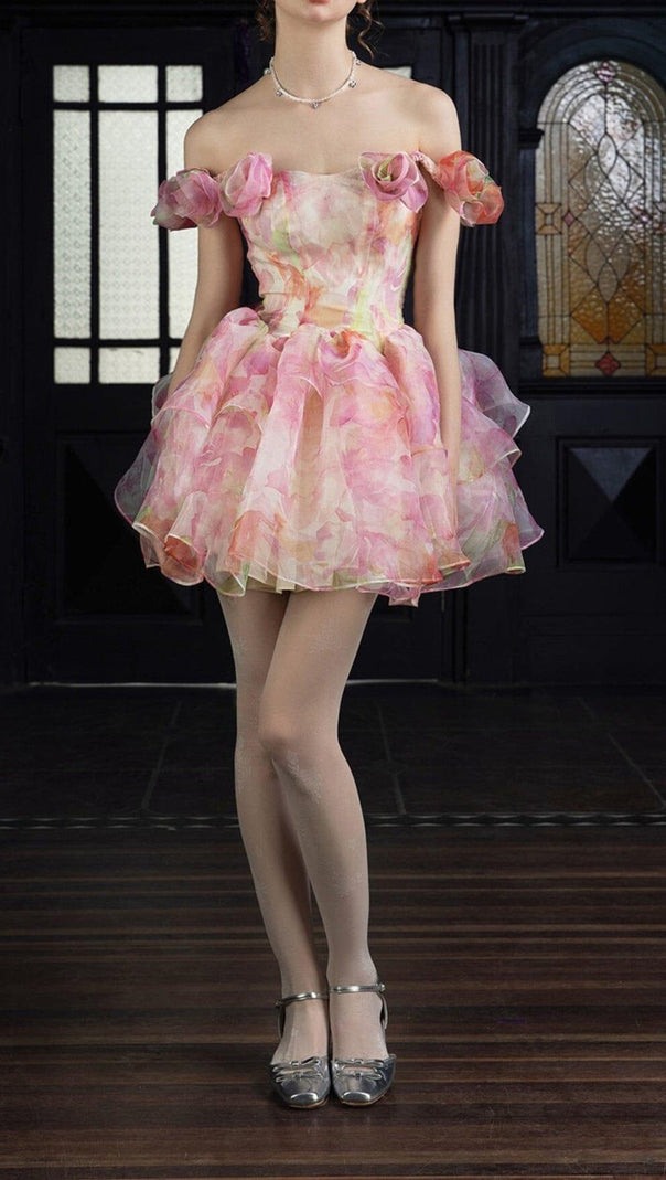 AIIZIE PINK PRINT FLORAL SILK MINI STRAPLESS MINI DRESS - product image