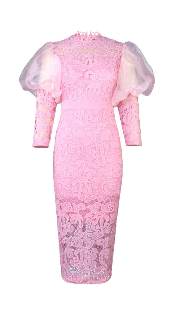 AIIZIE PINK PUFF SLEEVE LACE MIDI DRESS - product image