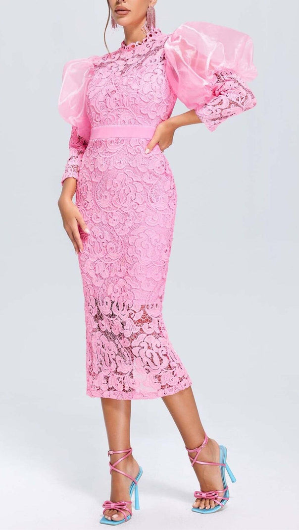 AIIZIE PINK PUFF SLEEVE LACE MIDI DRESS - product image