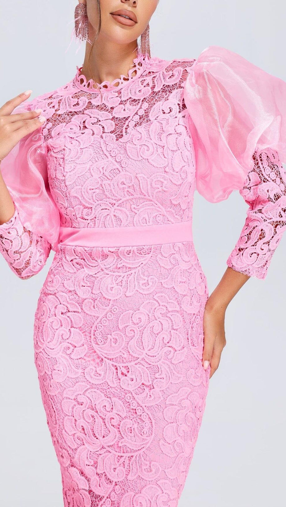 PINK PUFF SLEEVE LACE MIDI DRESS