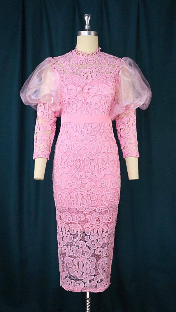 AIIZIE PINK PUFF SLEEVE LACE MIDI DRESS - product image