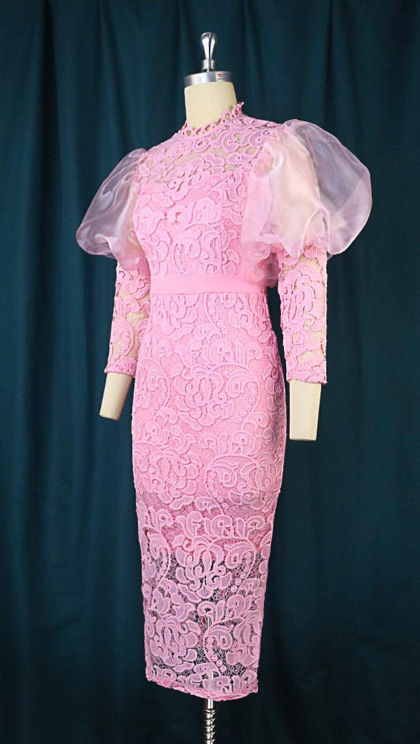 AIIZIE PINK PUFF SLEEVE LACE MIDI DRESS - product image