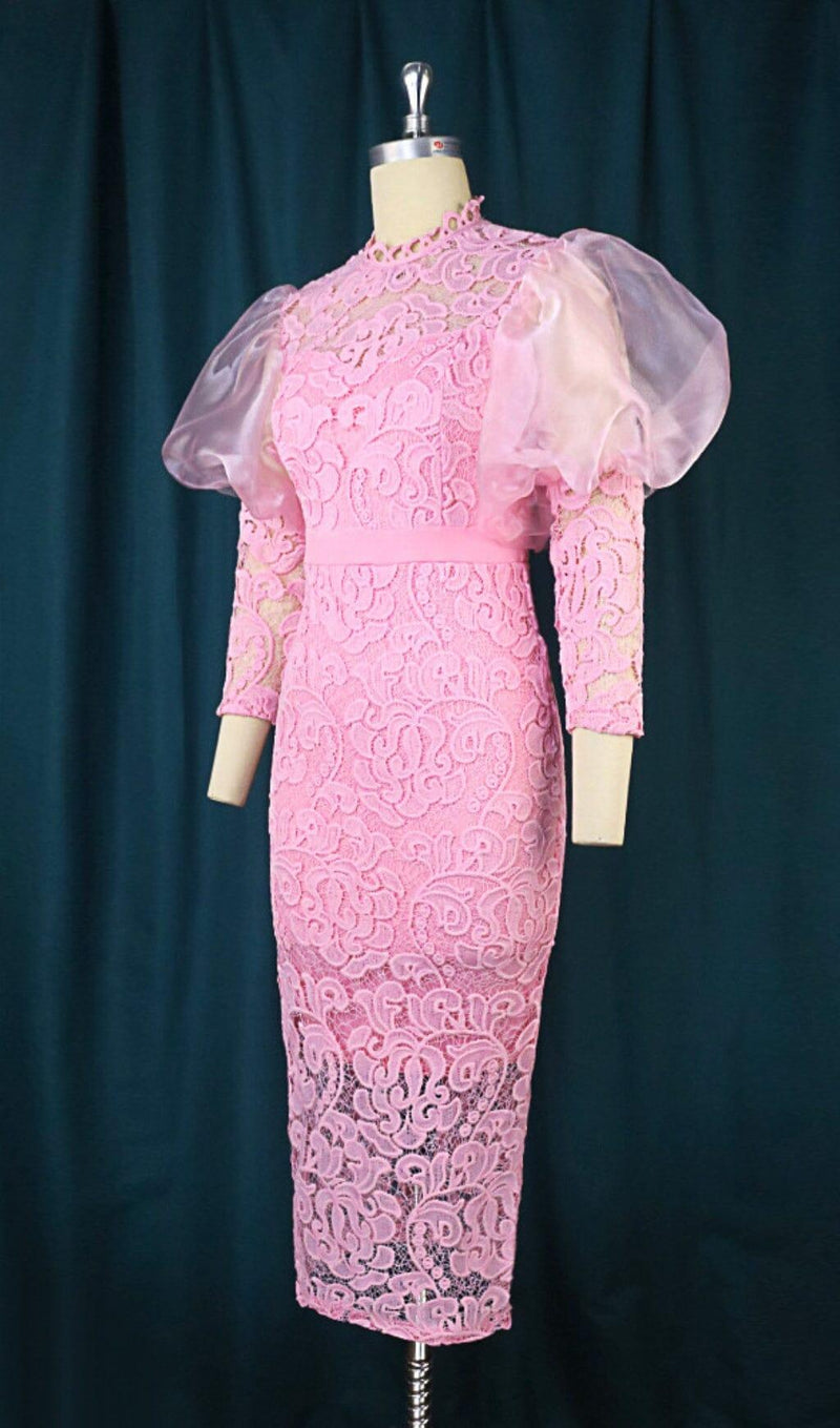 PINK PUFF SLEEVE LACE MIDI DRESS