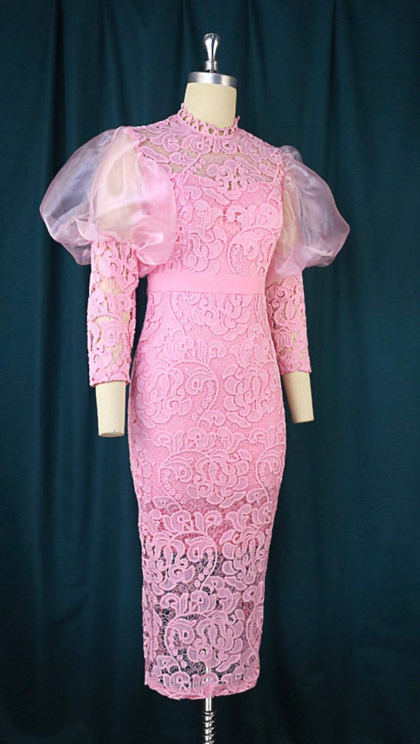 AIIZIE PINK PUFF SLEEVE LACE MIDI DRESS - product image