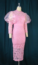 PINK PUFF SLEEVE LACE MIDI DRESS