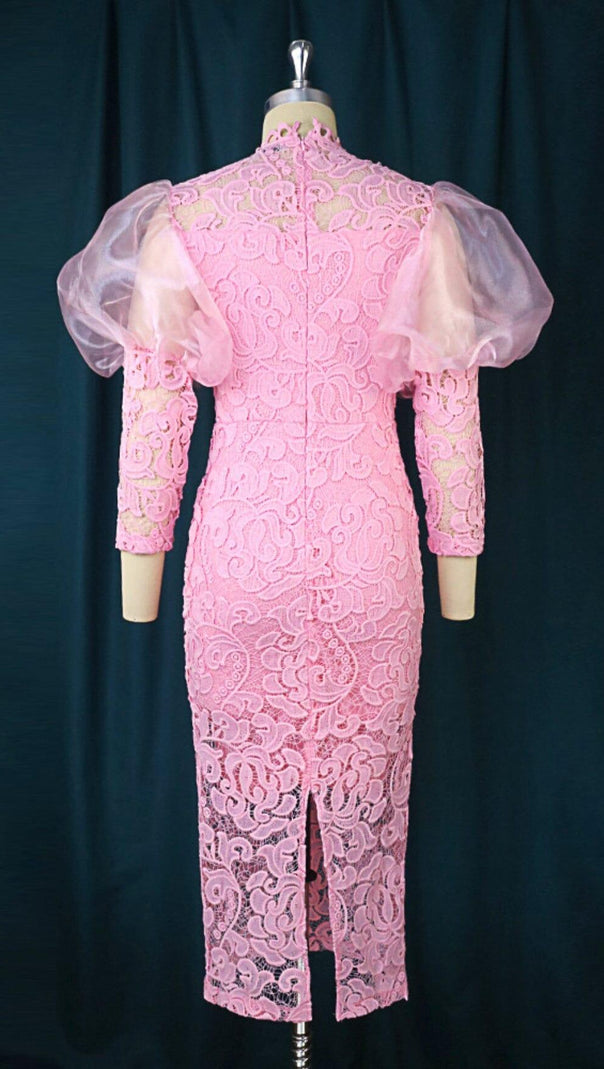 AIIZIE PINK PUFF SLEEVE LACE MIDI DRESS - product image
