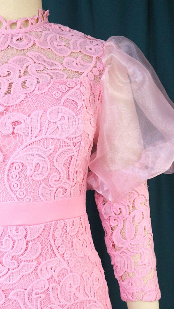 AIIZIE PINK PUFF SLEEVE LACE MIDI DRESS - product image