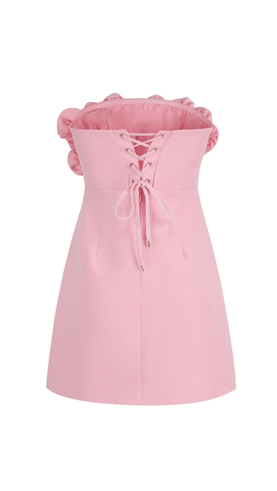 TRÄGERLOSES MINIKLEID MIT ROSA ROSENBLUMEN