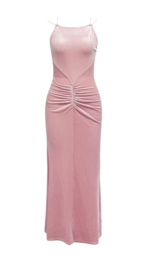 AIIZIE PINK SUSPENDER BACKLESS VELVET PLEATED HIP DRESS - product image