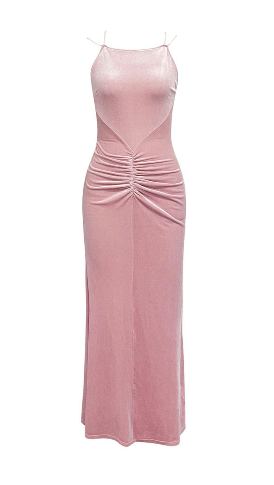 ROSA RÜCKENFREIES HÜFTKLEID AUS SAMT MIT HOSENTRÄGERN