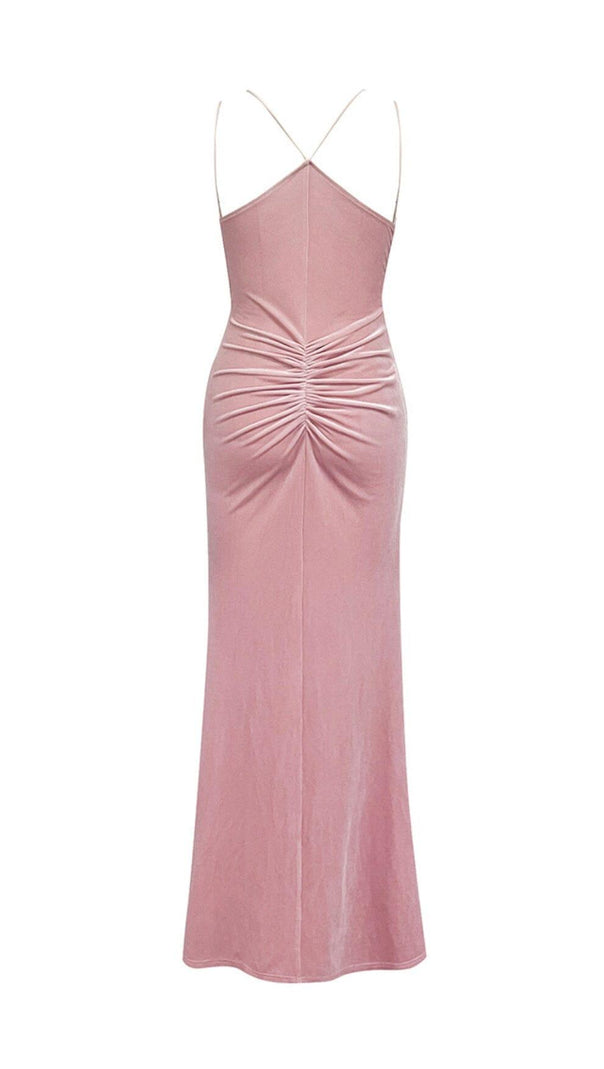 AIIZIE PINK SUSPENDER BACKLESS VELVET PLEATED HIP DRESS - product image