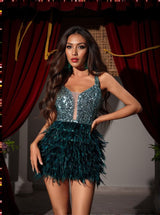 Malachi Sequin Feather Mini Dress In Emerald