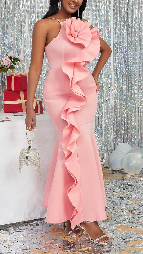 AIIZIE PLUS SIZE RUFFLED BACKLESS STRAPPY MIDI DRESS IN PINK - product image