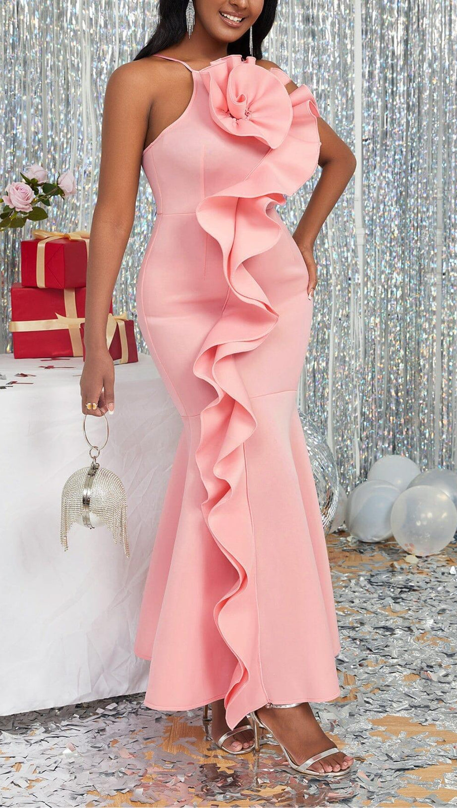 ABITO MIDI ROSA CON SPALLINE E SCHIENA SENZA VOLANT, TAGLIE FORTI