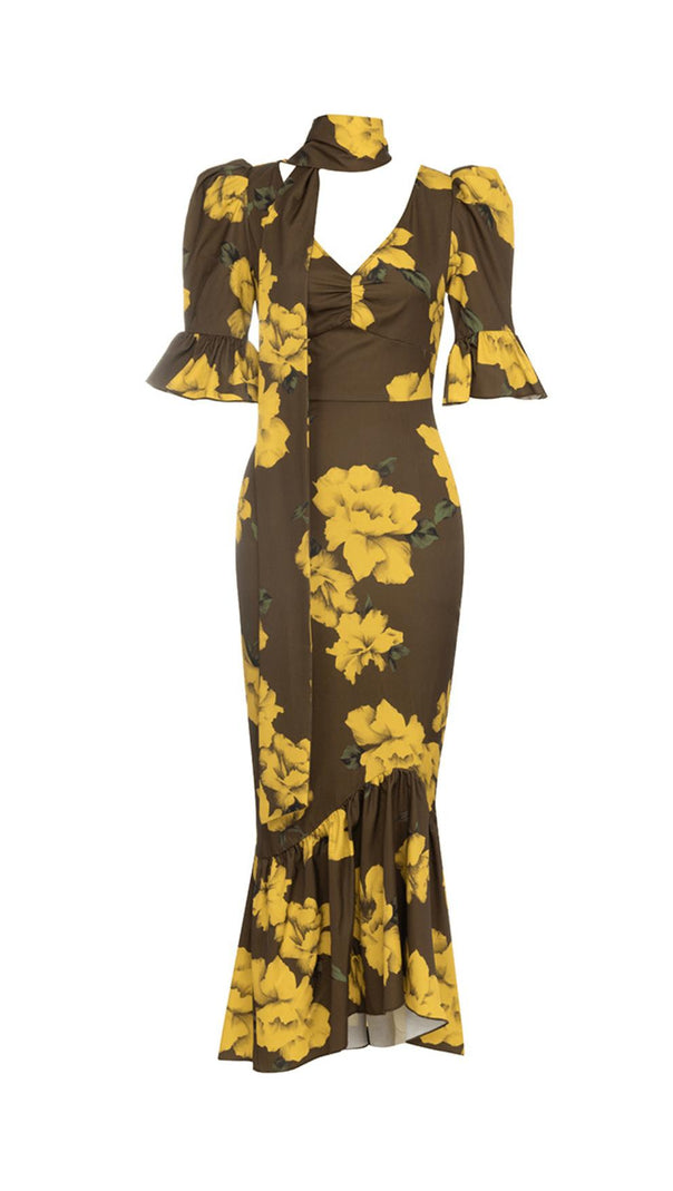 AIIZIE PUFF SLEEVE RETRO TUBE TOP PRINTED RUFFLE MAXI DRESS - product image