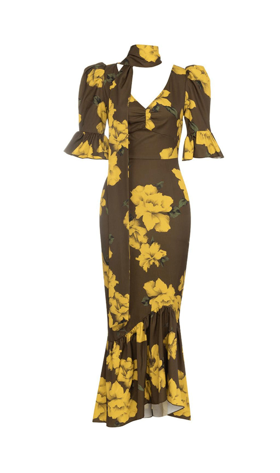 PUFF SLEEVE RETRO TUBE TOP PRINTED RUFFLE MAXI DRESS