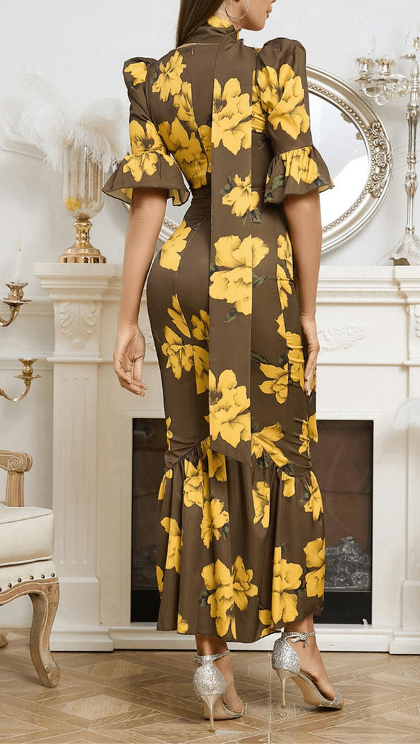 AIIZIE PUFF SLEEVE RETRO TUBE TOP PRINTED RUFFLE MAXI DRESS - product image
