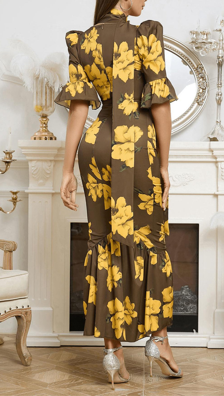 PUFF SLEEVE RETRO TUBE TOP PRINTED RUFFLE MAXI DRESS