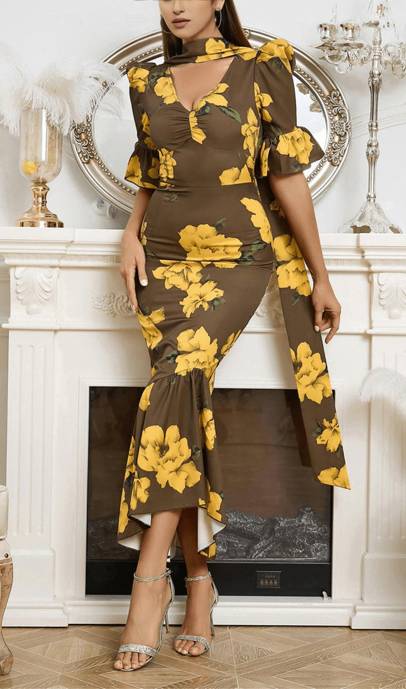 PUFF SLEEVE RETRO TUBE TOP PRINTED RUFFLE MAXI DRESS