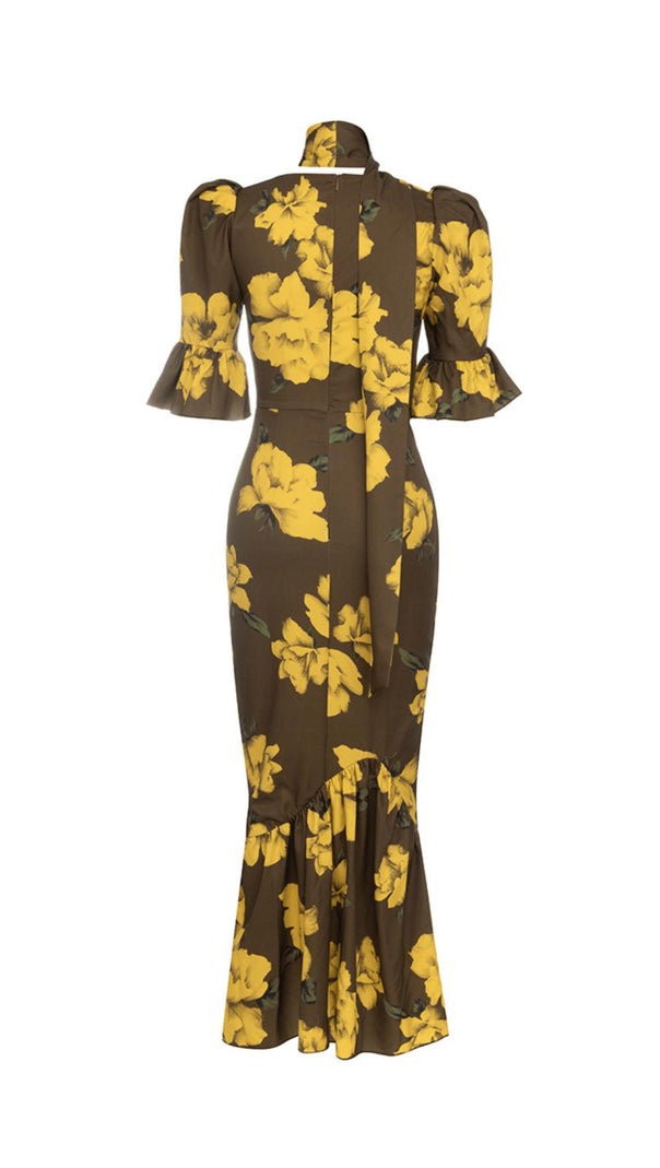 AIIZIE PUFF SLEEVE RETRO TUBE TOP PRINTED RUFFLE MAXI DRESS - product image
