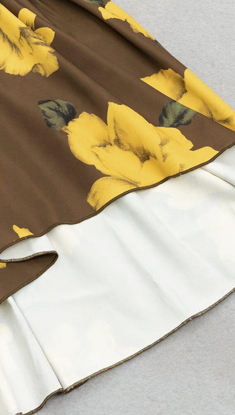 PUFF SLEEVE RETRO TUBE TOP PRINTED RUFFLE MAXI DRESS