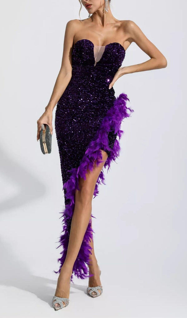 PURPLE SEQUIN FEATHER DRESS